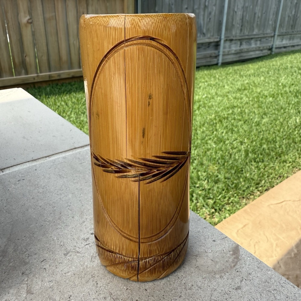 Vintage Hand Carved Bamboo Tiki Cup Vase Container Jamaica